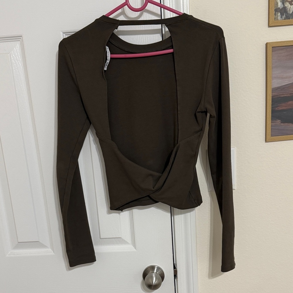 Zara Chocolate Brown Long-Sleeve Twist-Back Top